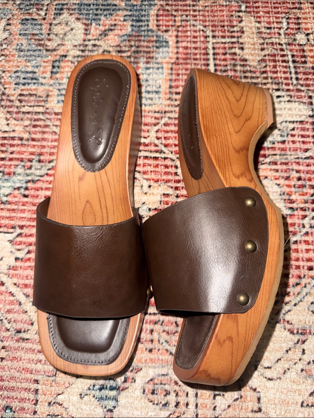 Splendid Brown Leather Slide Clogs with Wood-Effect Platform